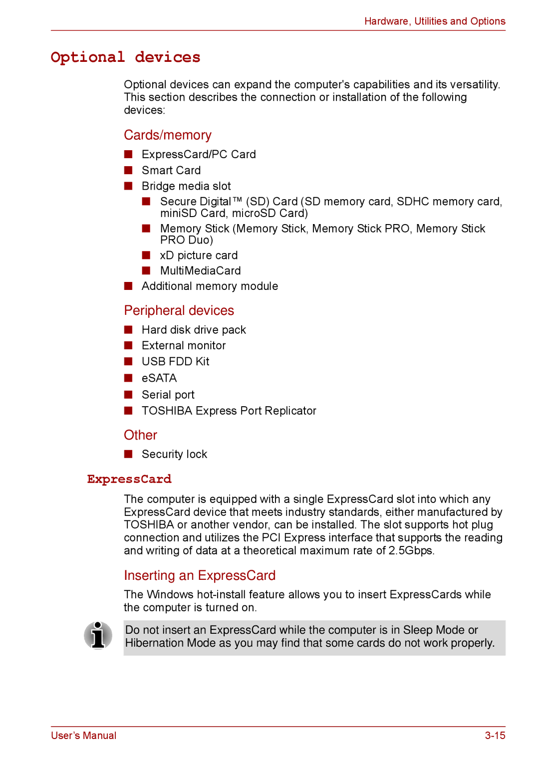 Toshiba S11, P11, A11 user manual Optional devices, ExpressCard 