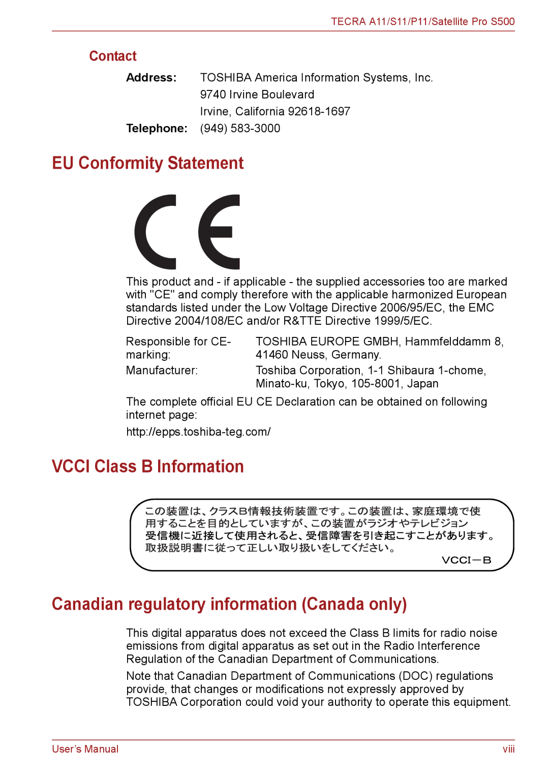 Toshiba A11, P11, S11 user manual EU Conformity Statement, Contact 