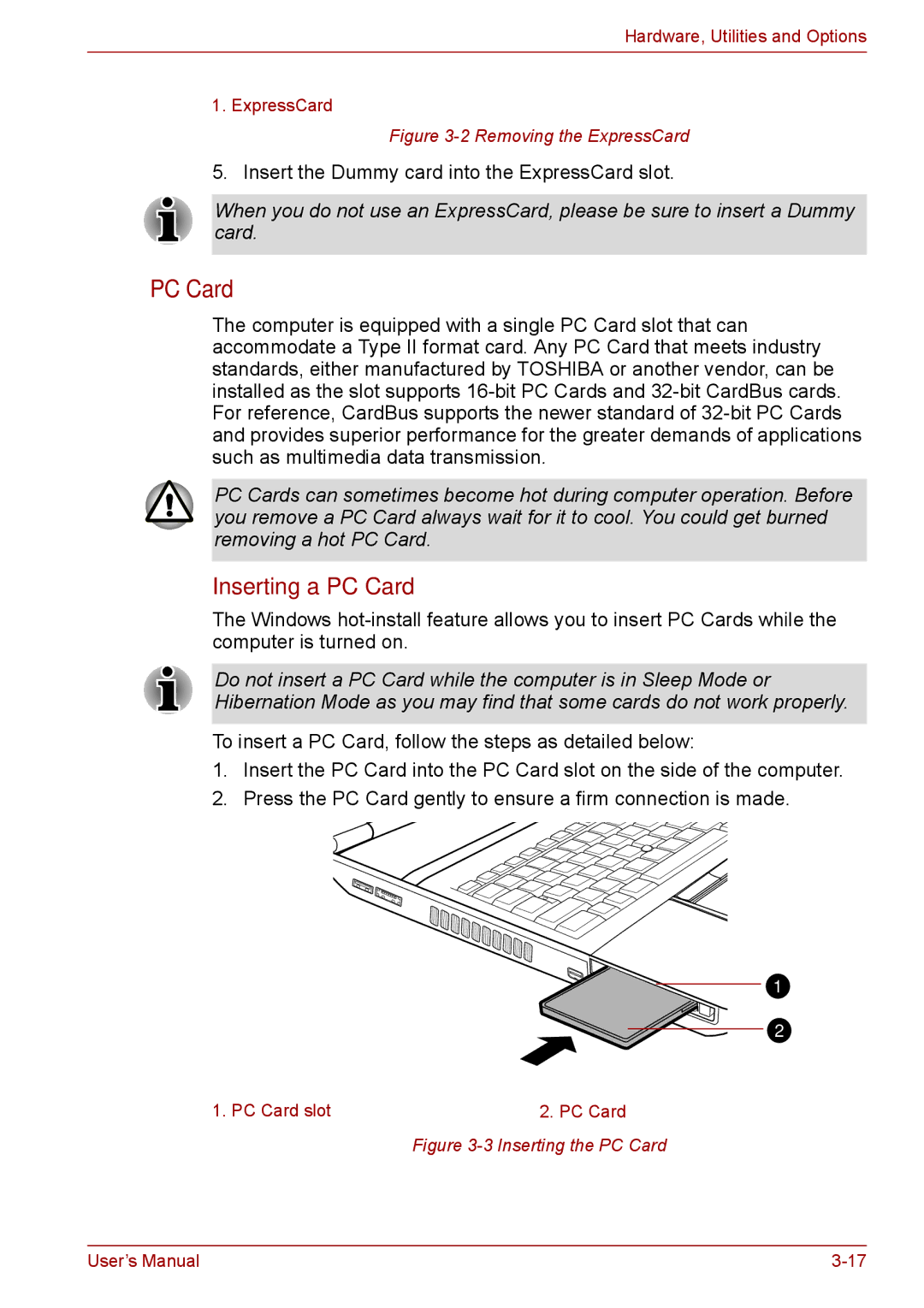 Toshiba P11, S11, A11 user manual Inserting a PC Card 