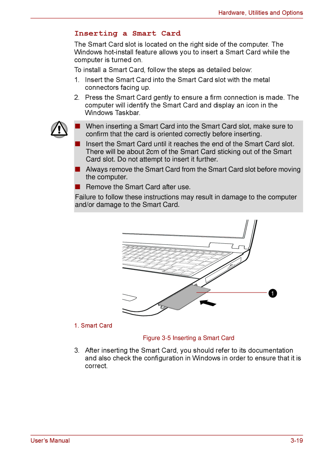 Toshiba A11, P11, S11 user manual Inserting a Smart Card 