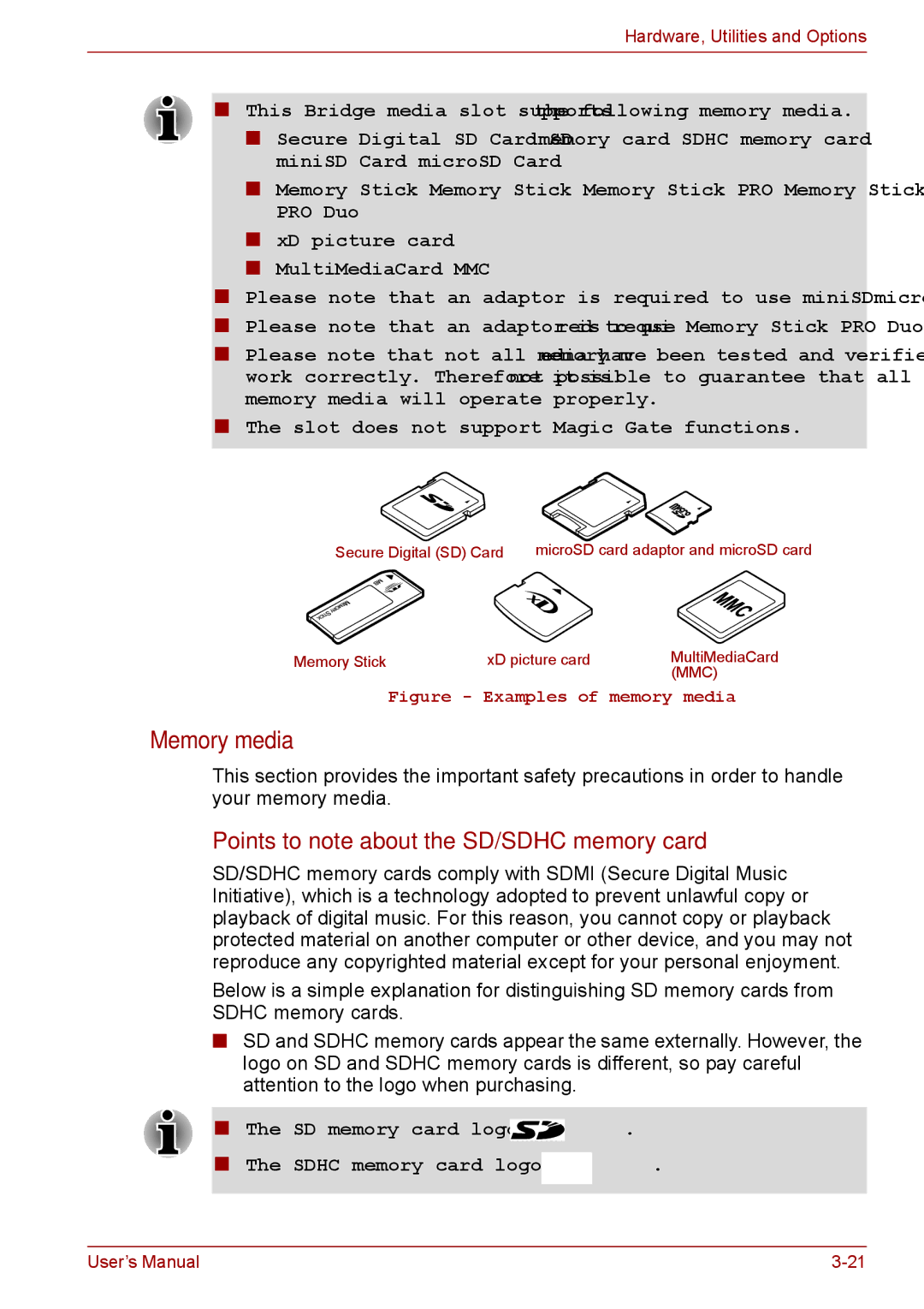 Toshiba S11, P11, A11 user manual Memory media, Points to note about the SD/SDHC memory card 