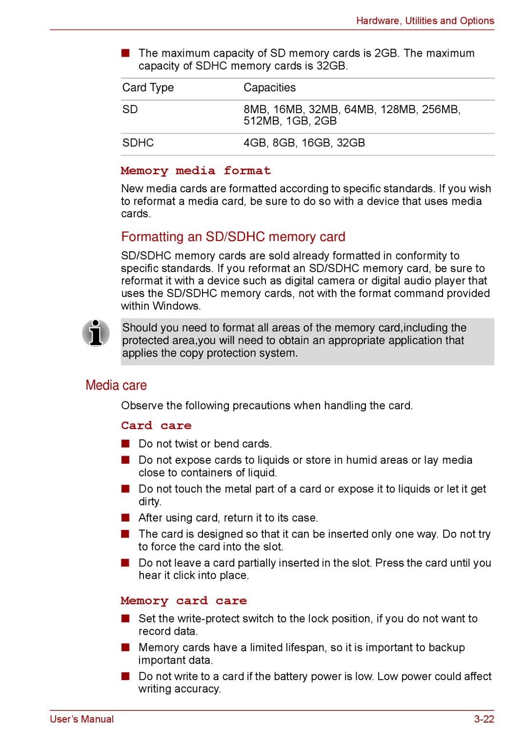 Toshiba A11, P11, S11 user manual Media care, Memory media format, Card care, Memory card care, Card Type Capacities 