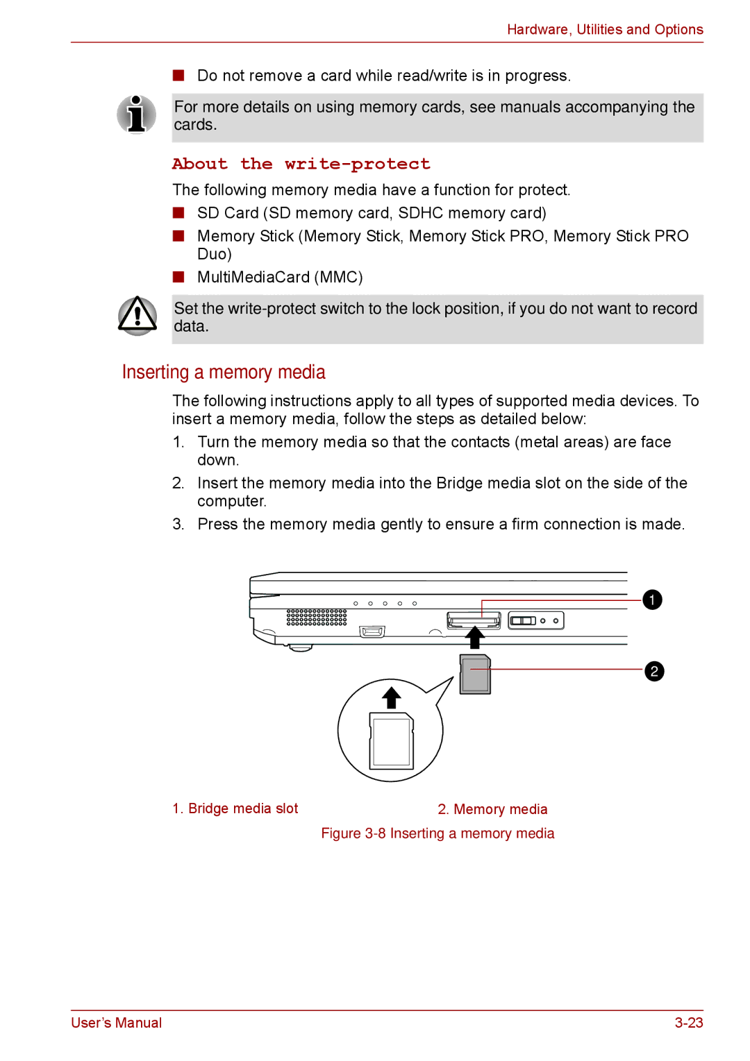 Toshiba P11, S11, A11 user manual Inserting a memory media, About the write-protect 