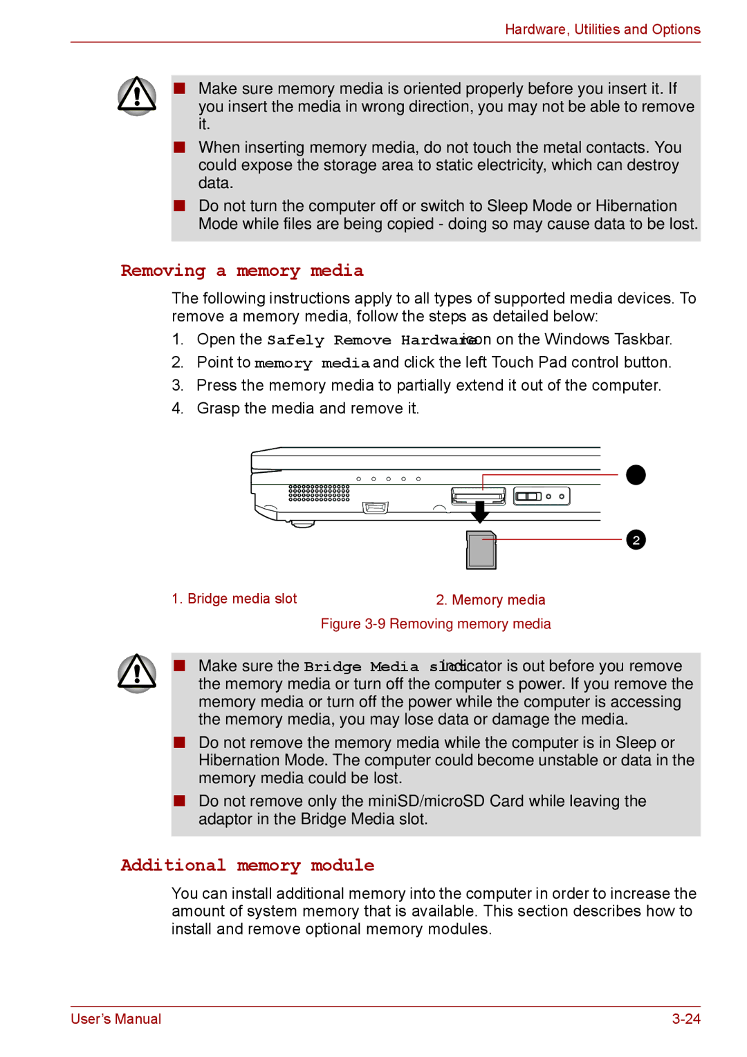 Toshiba S11, P11, A11 user manual Removing a memory media, Additional memory module 