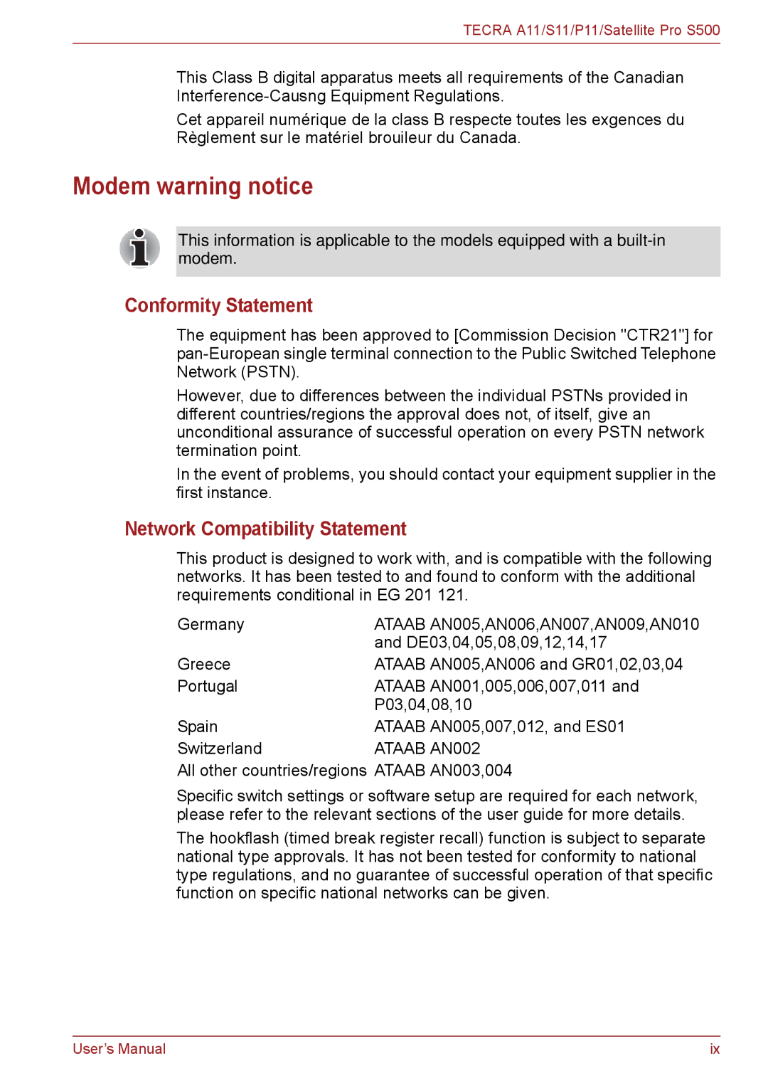 Toshiba P11, S11, A11 user manual Modem warning notice, Conformity Statement, Network Compatibility Statement 