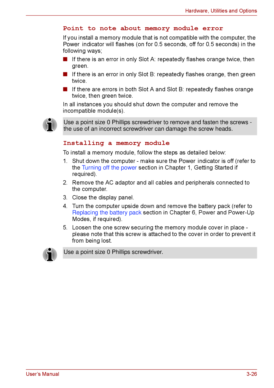 Toshiba P11, S11, A11 user manual Point to note about memory module error, Installing a memory module 