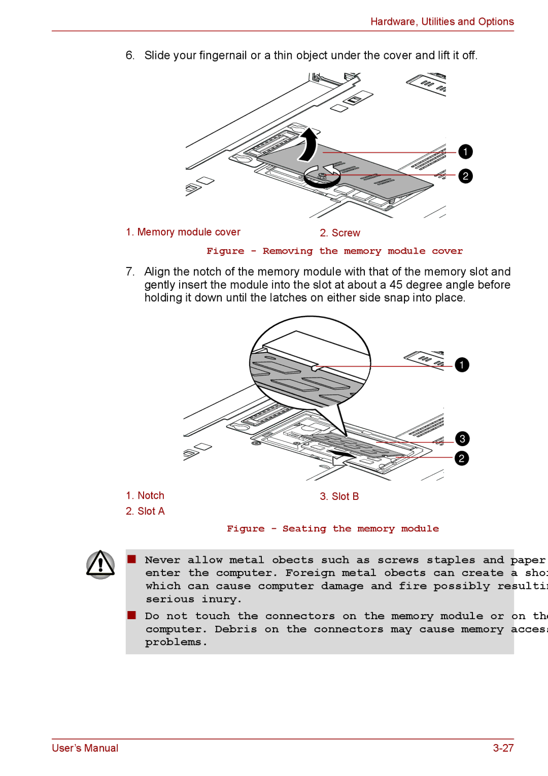 Toshiba S11, P11, A11 user manual Removing the memory module cover 