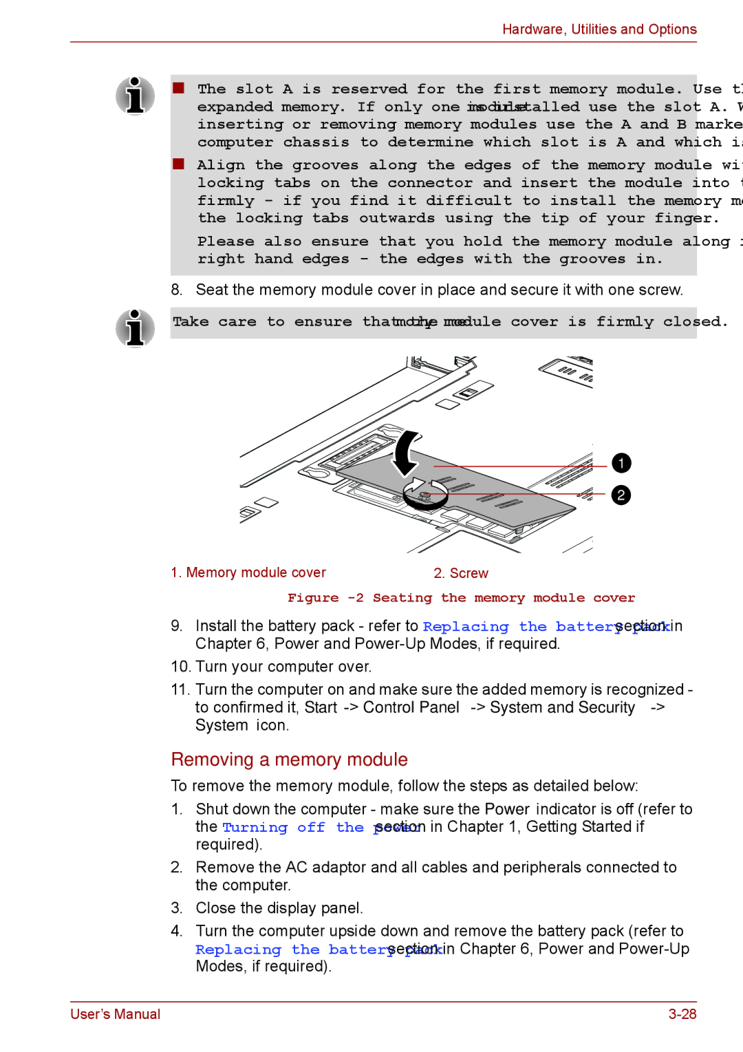 Toshiba A11, P11, S11 user manual Removing a memory module, Seating the memory module cover 