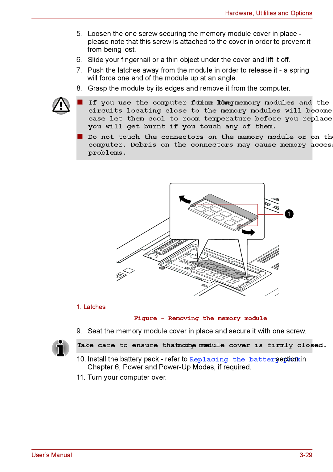 Toshiba P11, S11, A11 user manual Removing the memory module 