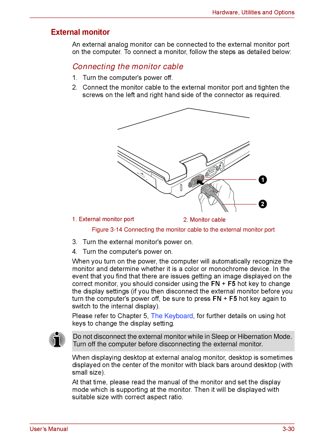 Toshiba S11, P11, A11 user manual External monitor, Connecting the monitor cable 