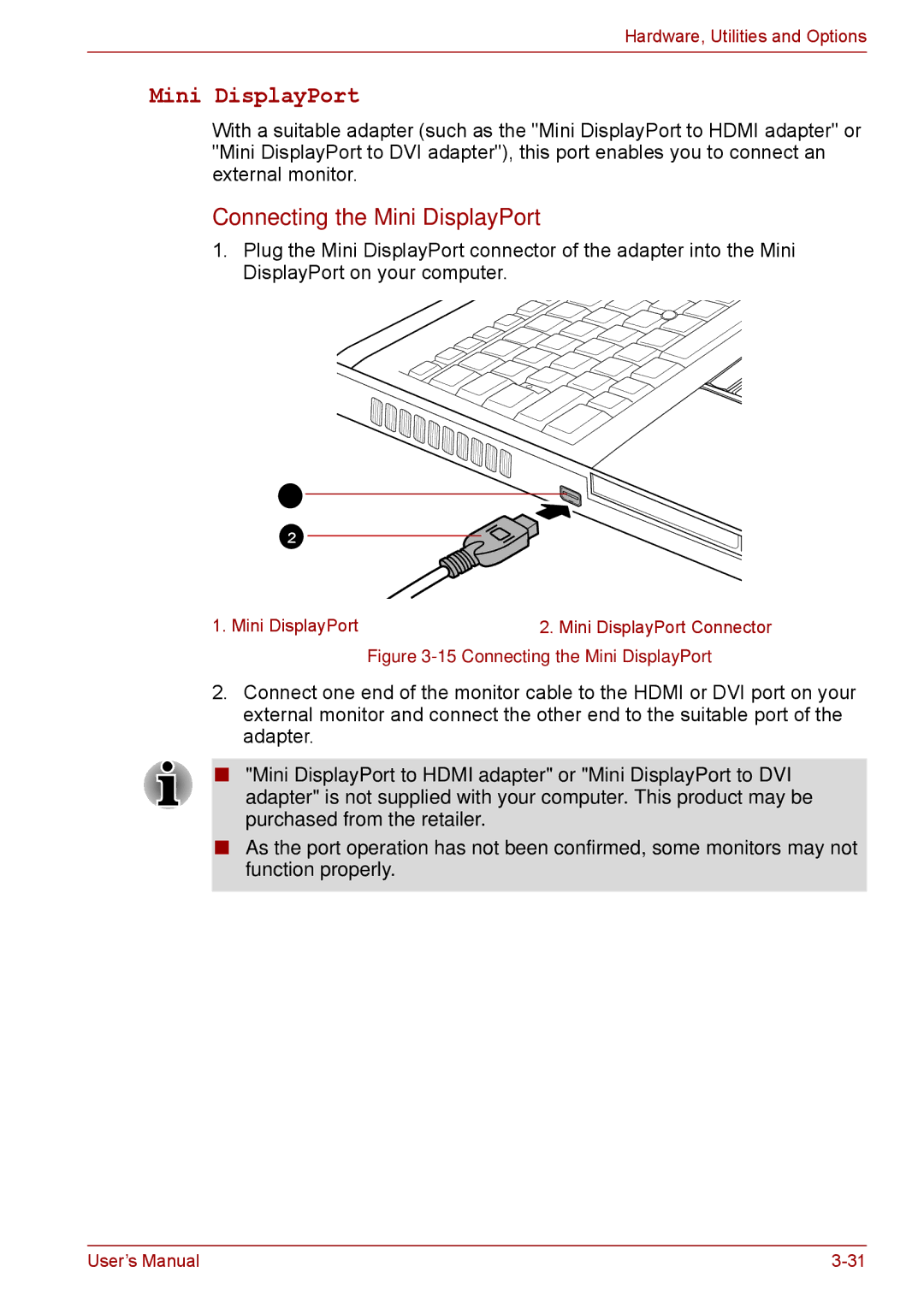 Toshiba A11, P11, S11 user manual Connecting the Mini DisplayPort 