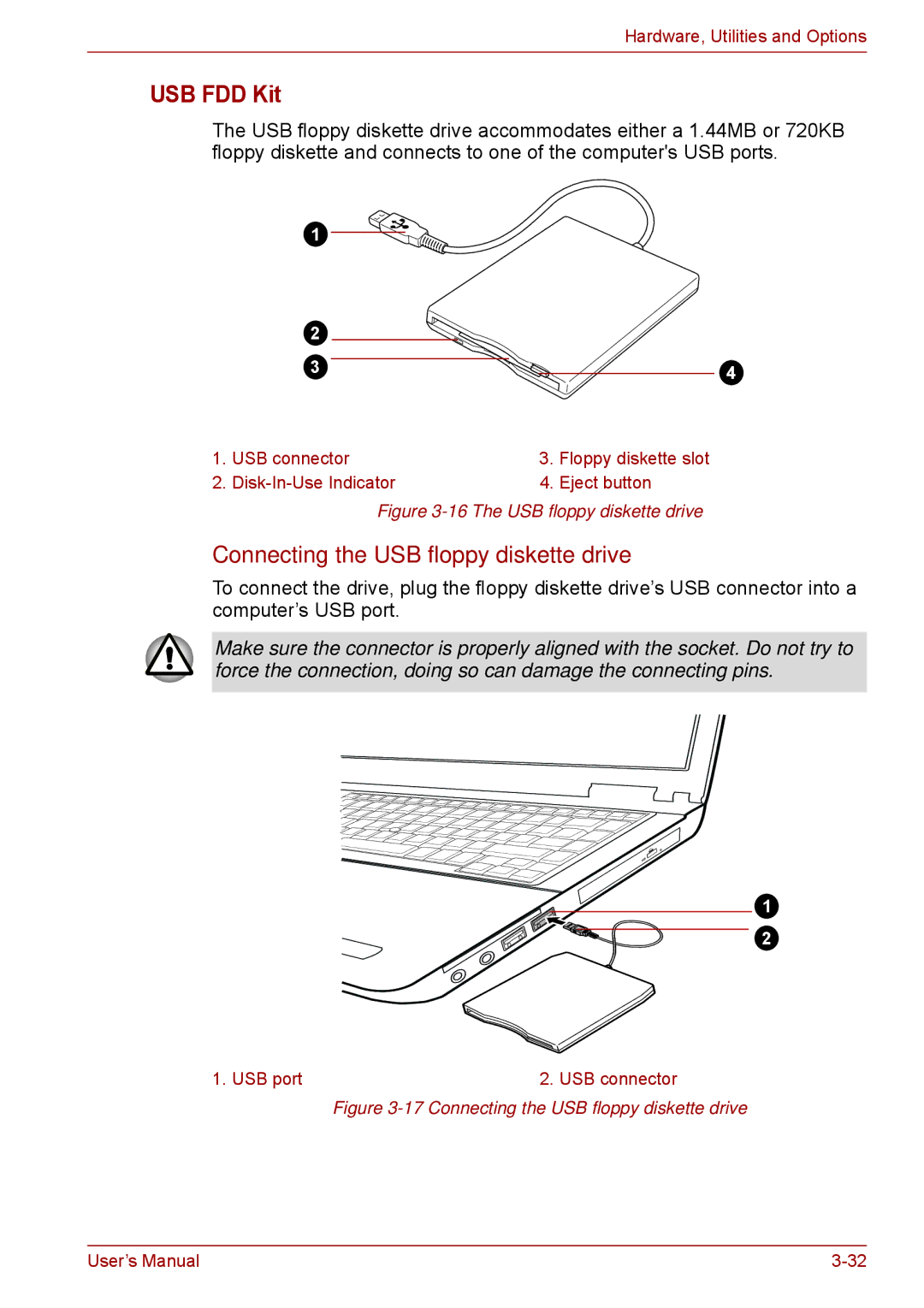 Toshiba P11, S11, A11 user manual USB FDD Kit, Connecting the USB floppy diskette drive 