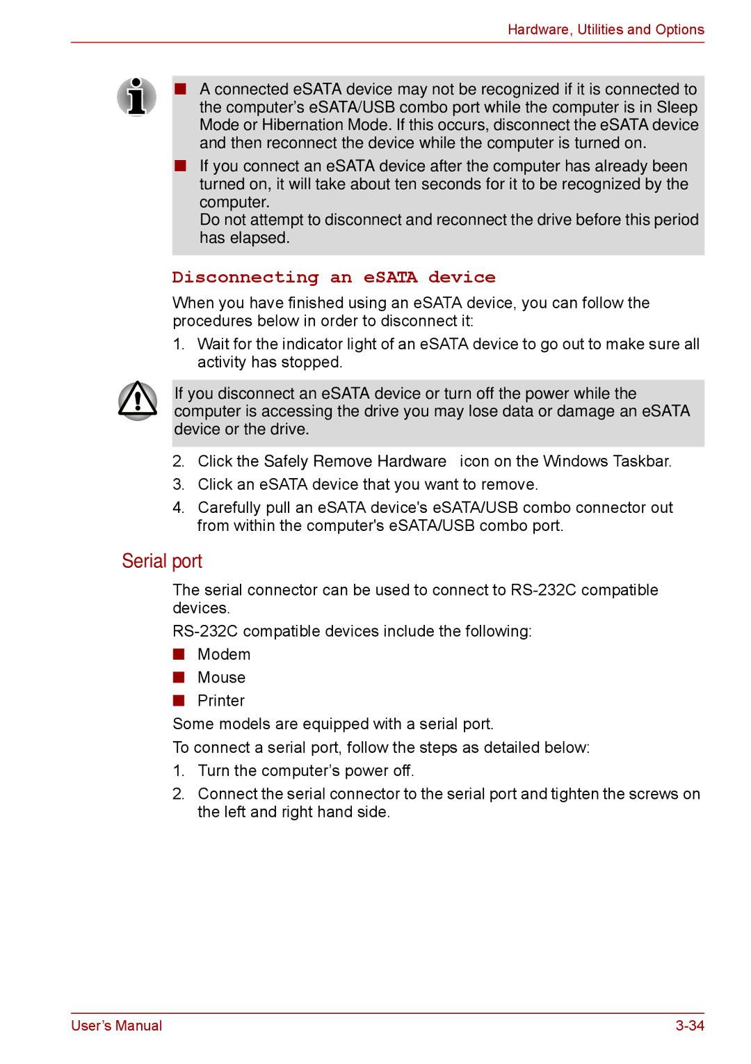 Toshiba A11, P11, S11 user manual Serial port, Disconnecting an eSATA device 