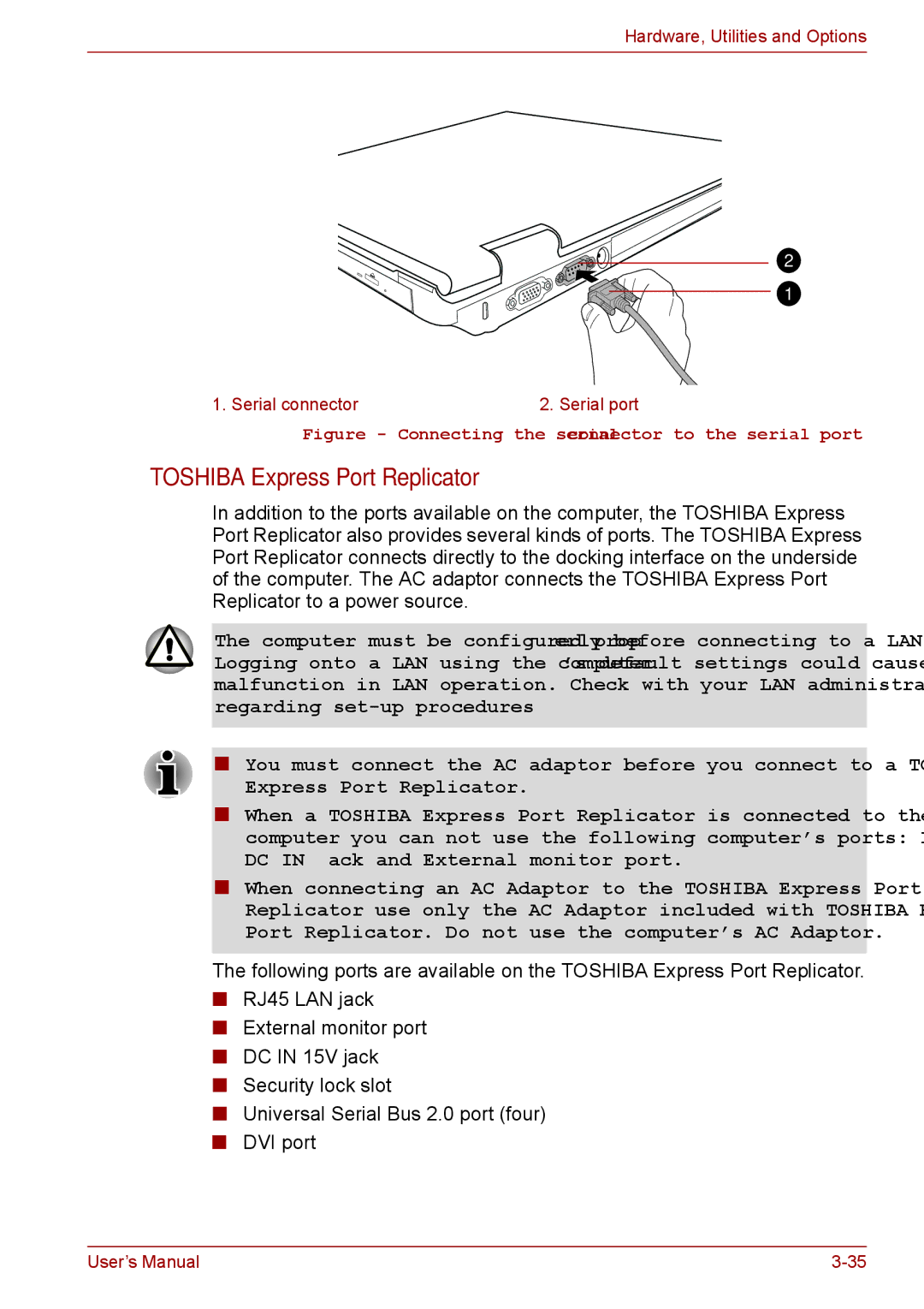 Toshiba P11, S11, A11 user manual Toshiba Express Port Replicator, Connecting the serial connector to the serial port 