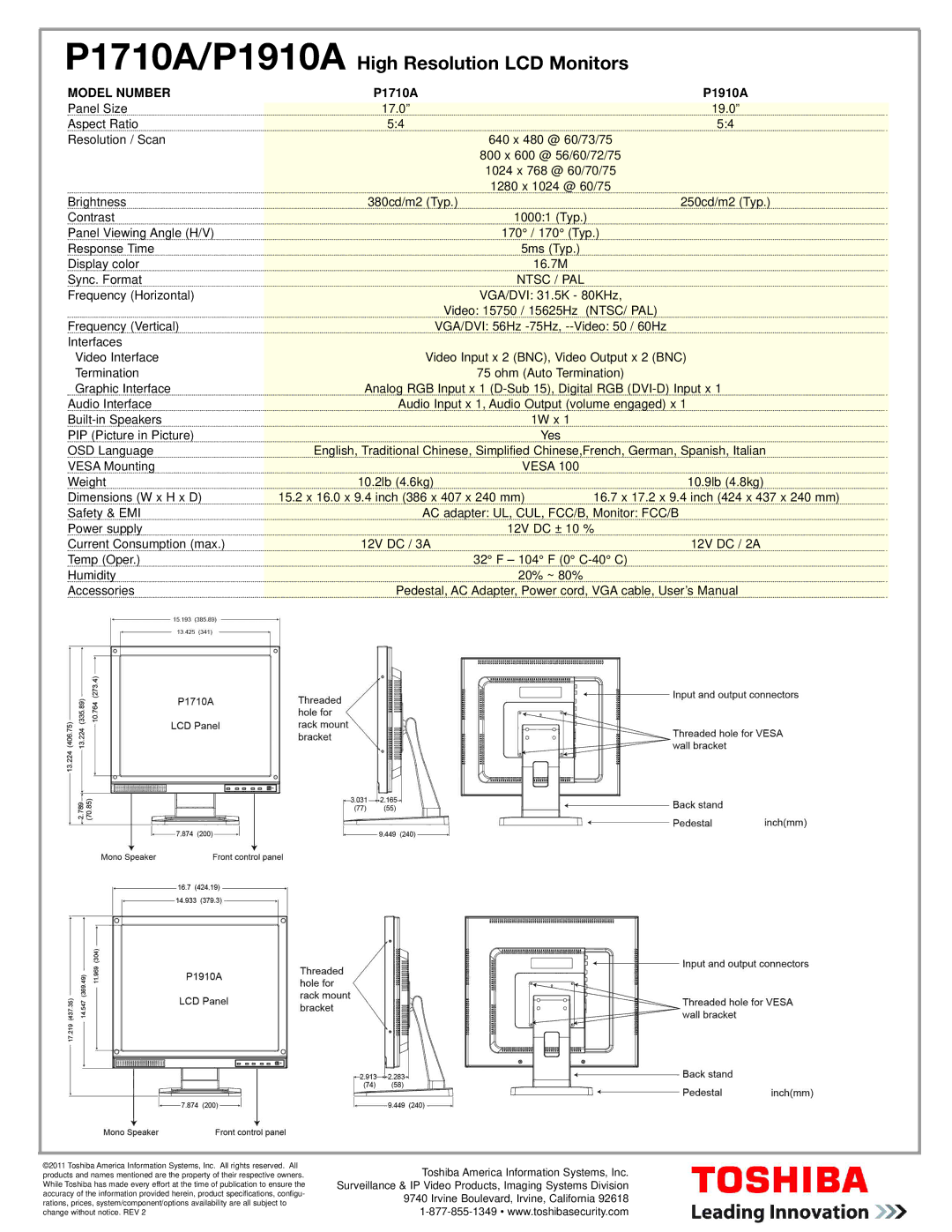 Toshiba manual P1710A/P1910A High Resolution LCD Monitors, Model Number, Ntsc / PAL, Ntsc/ Pal 