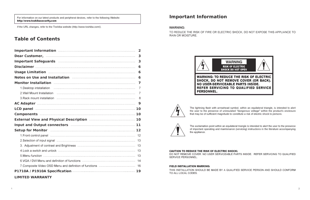 Toshiba P1710A, P1910A user manual Table of Contents, Important Information 