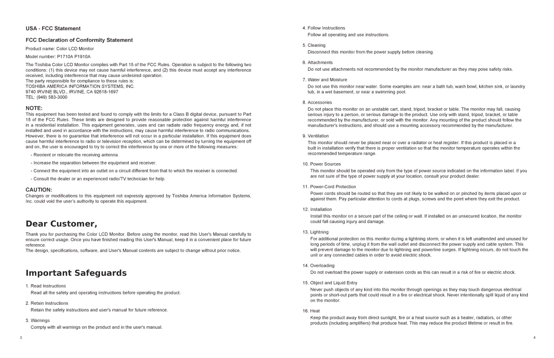 Toshiba P1910A, P1710A Dear Customer Important Safeguards, USA FCC Statement FCC Declaration of Conformity Statement 