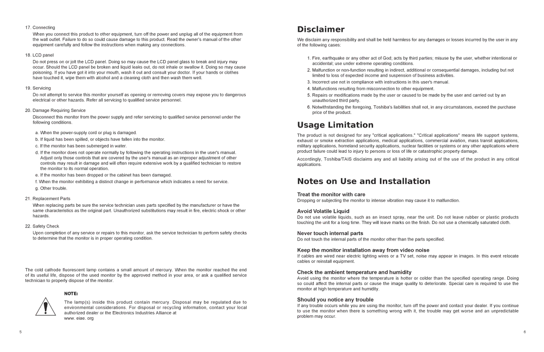 Toshiba P1710A, P1910A user manual Disclaimer, Usage Limitation 