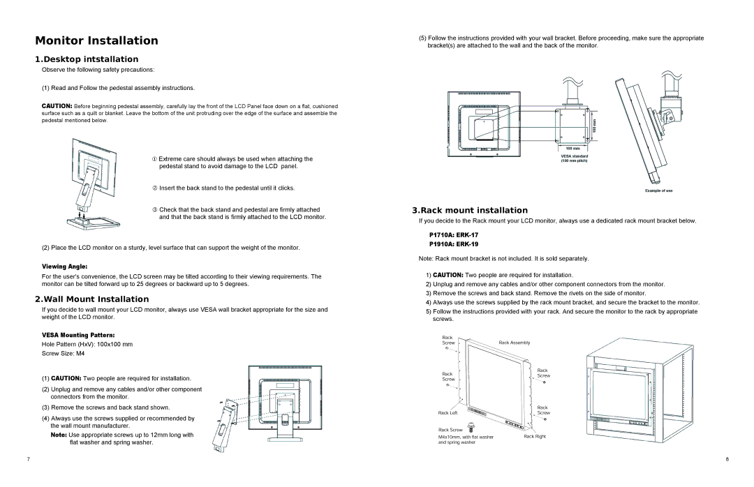 Toshiba P1910A, P1710A Monitor Installation, Desktop intstallation, Wall Mount Installation, Rack mount installation 