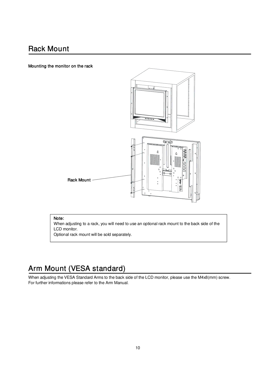 Toshiba P1550LA, P1750LA, P1950LA owner manual Arm Mount Vesa standard, Mounting the monitor on the rack Rack Mount 