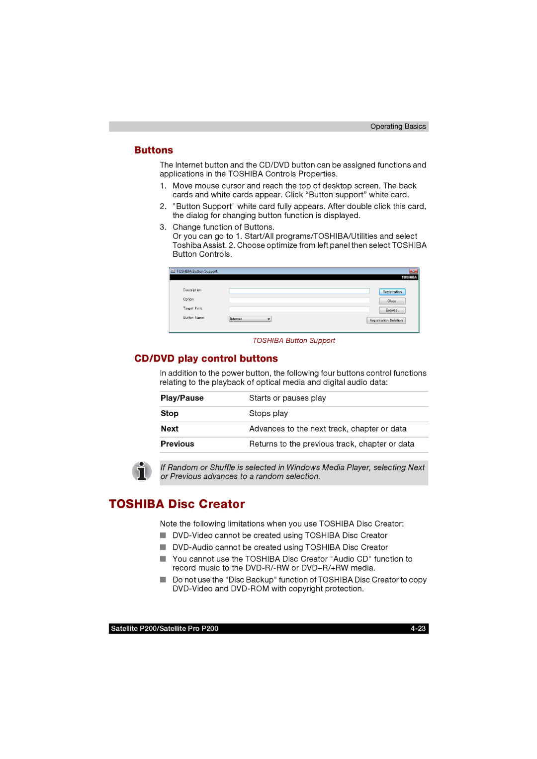 Toshiba P200 manual Toshiba Disc Creator, Buttons, CD/DVD play control buttons 