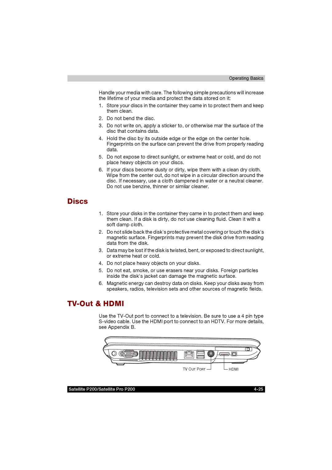 Toshiba P200 manual Discs, TV-Out & Hdmi 