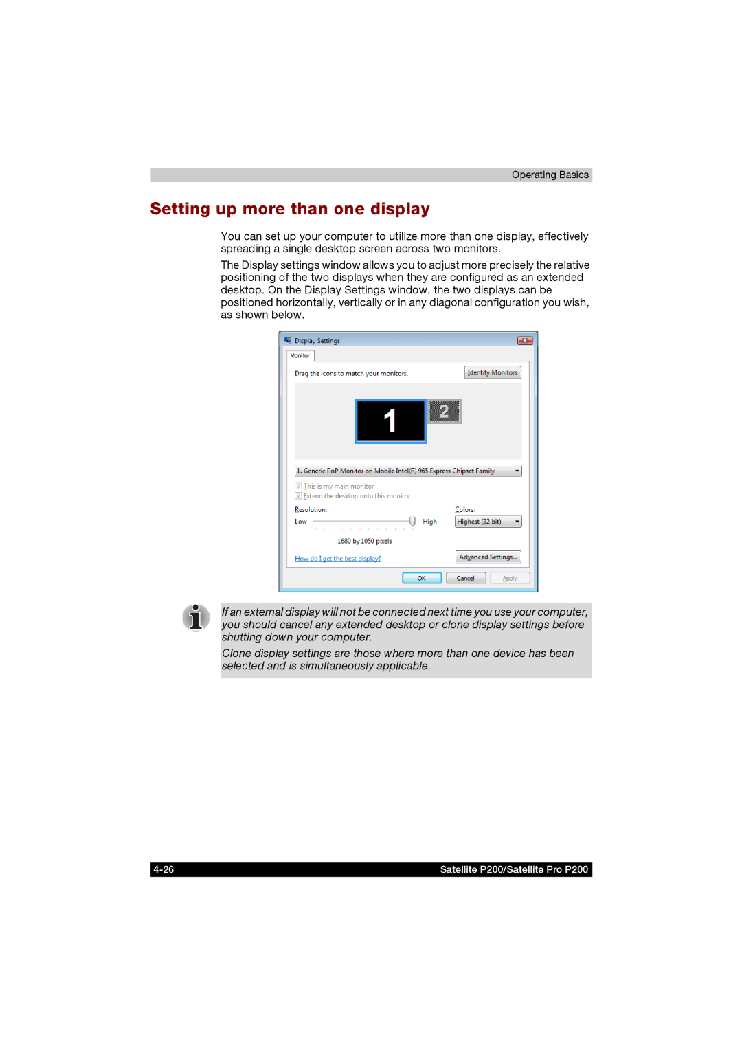 Toshiba P200 manual Setting up more than one display 