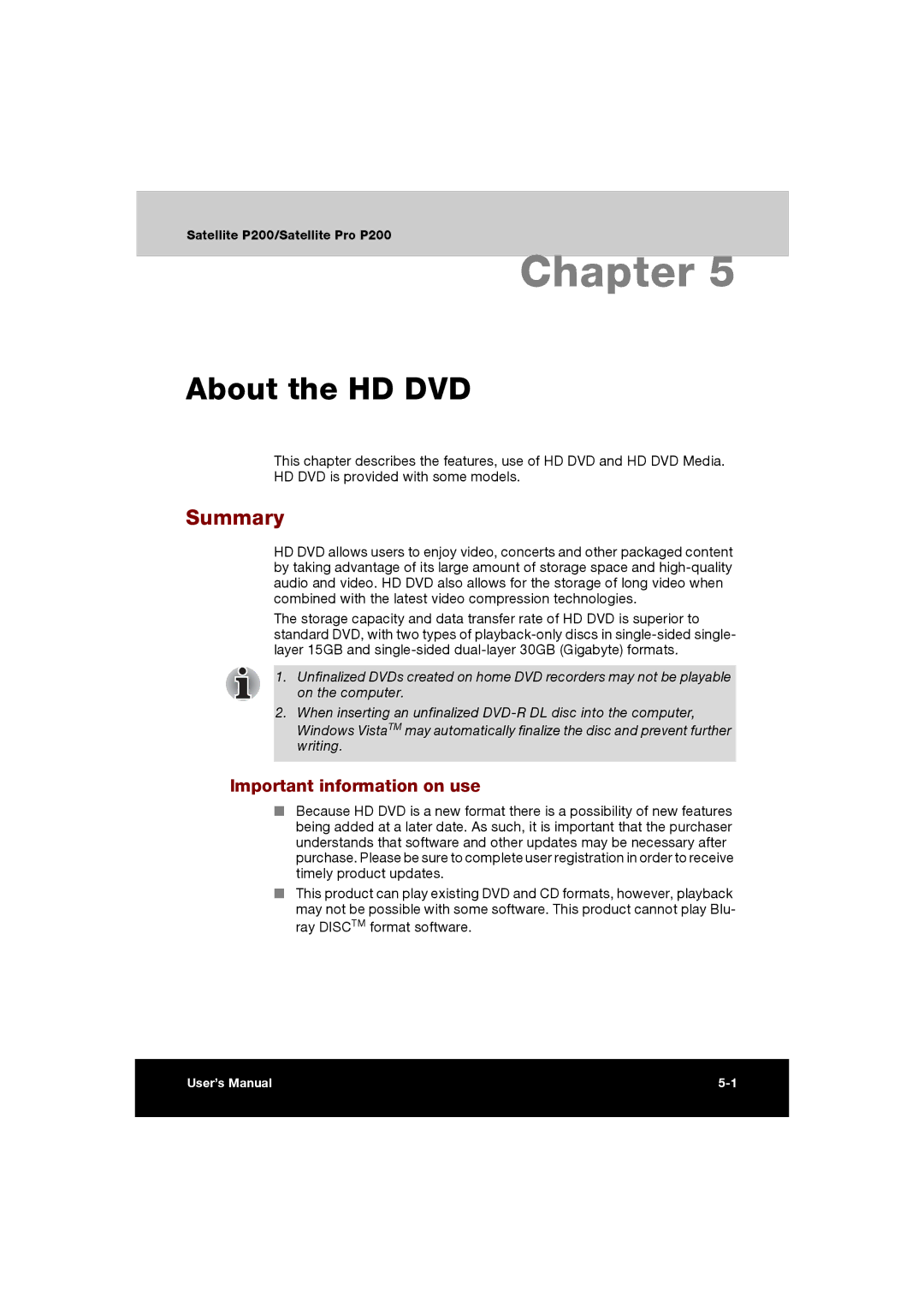 Toshiba P200 manual About the HD DVD, Summary, Important information on use 