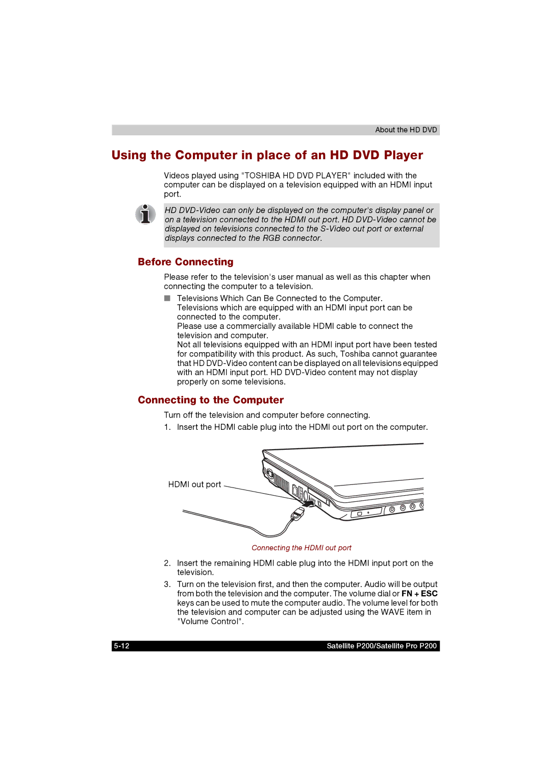 Toshiba P200 manual Using the Computer in place of an HD DVD Player, Before Connecting, Connecting to the Computer 