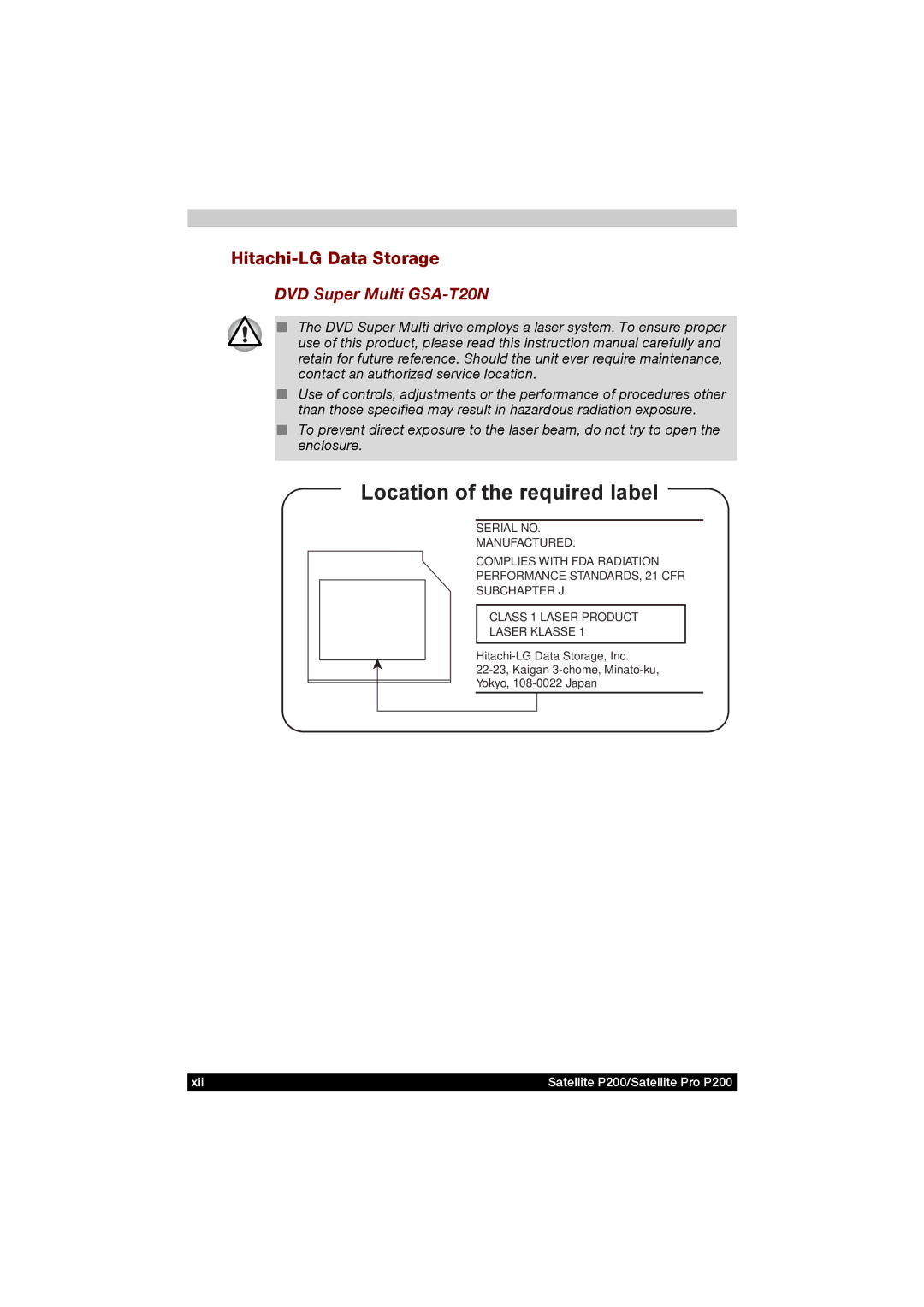Toshiba P200 manual Hitachi-LG Data Storage, DVD Super Multi GSA-T20N 
