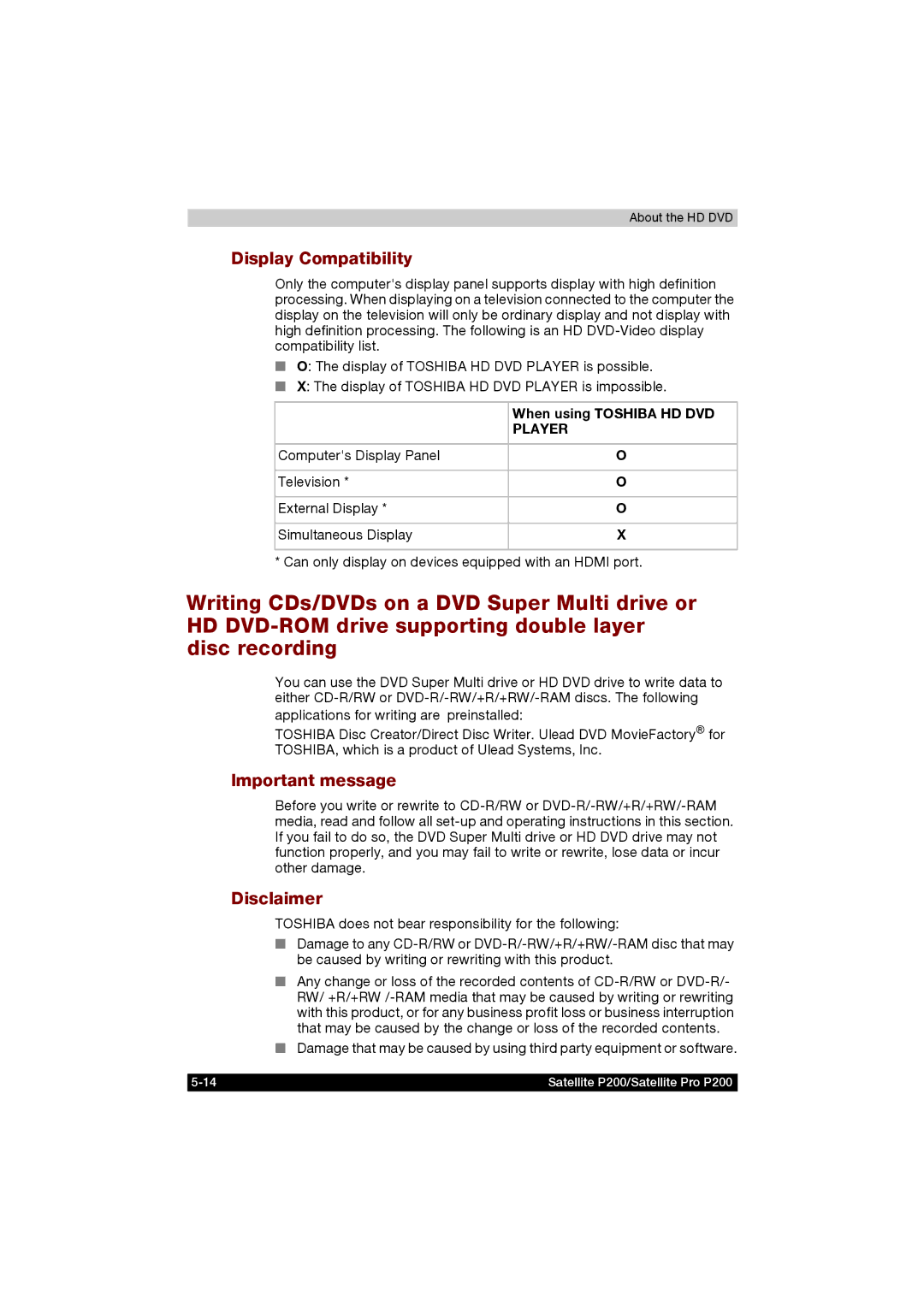 Toshiba P200 manual Display Compatibility, Important message, Disclaimer, When using Toshiba HD DVD 