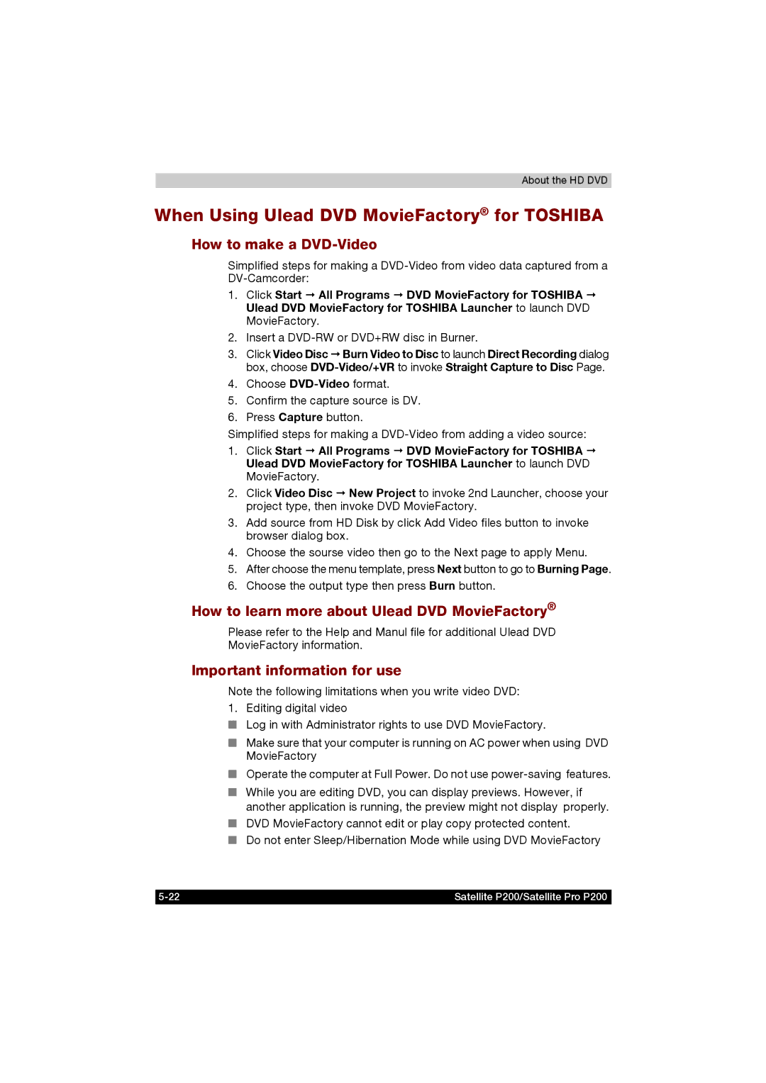 Toshiba P200 manual When Using Ulead DVD MovieFactory for Toshiba, How to make a DVD-Video, Important information for use 