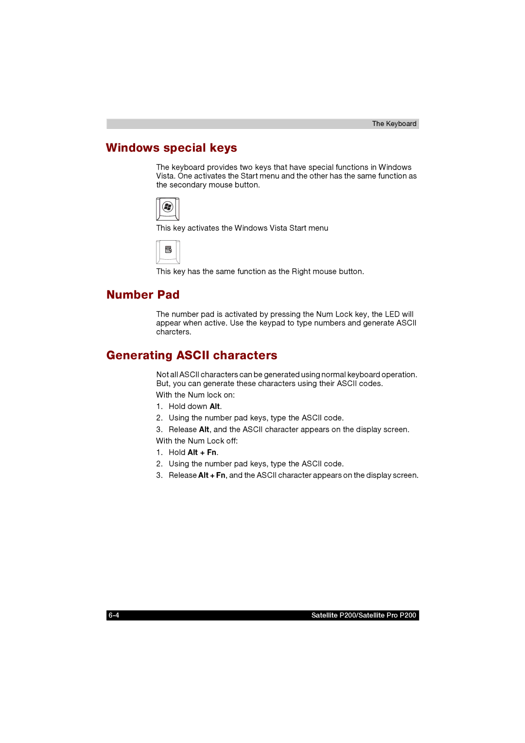 Toshiba P200 manual Windows special keys, Number Pad, Generating Ascii characters, Hold Alt + Fn 