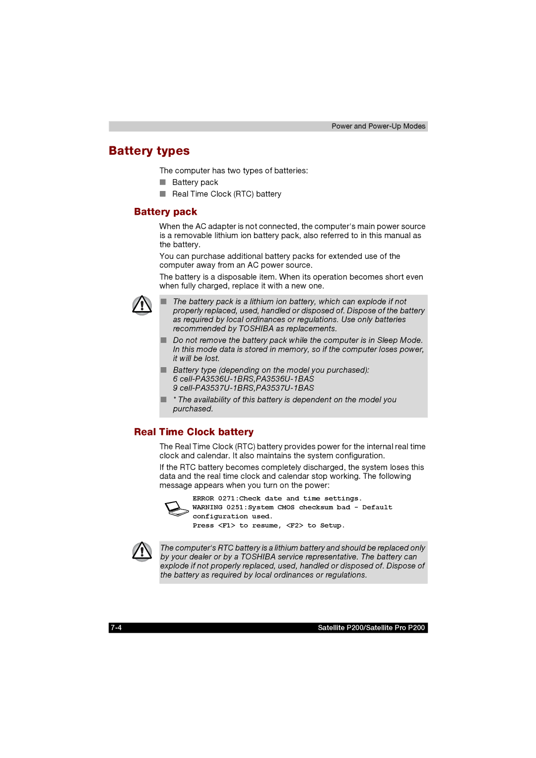 Toshiba P200 manual Battery types, Battery pack, Real Time Clock battery 