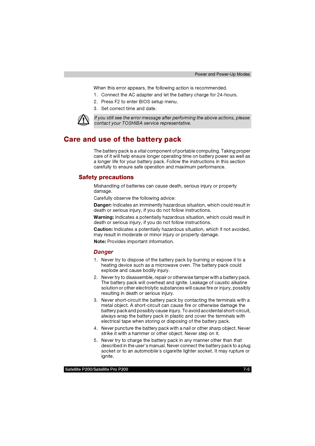 Toshiba P200 manual Care and use of the battery pack, Safety precautions 