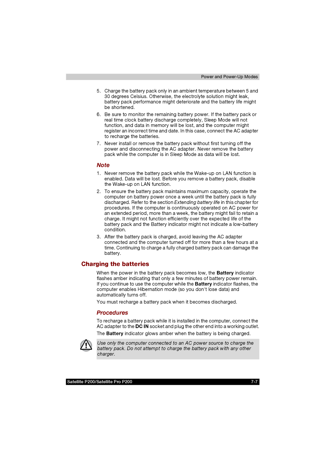 Toshiba P200 manual Charging the batteries, Procedures 