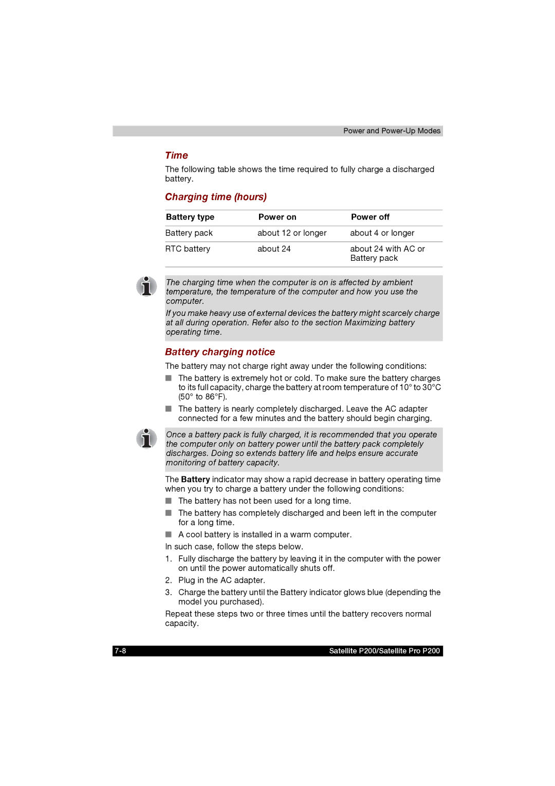 Toshiba P200 manual Time, Charging time hours, Battery charging notice, Battery type Power on Power off 