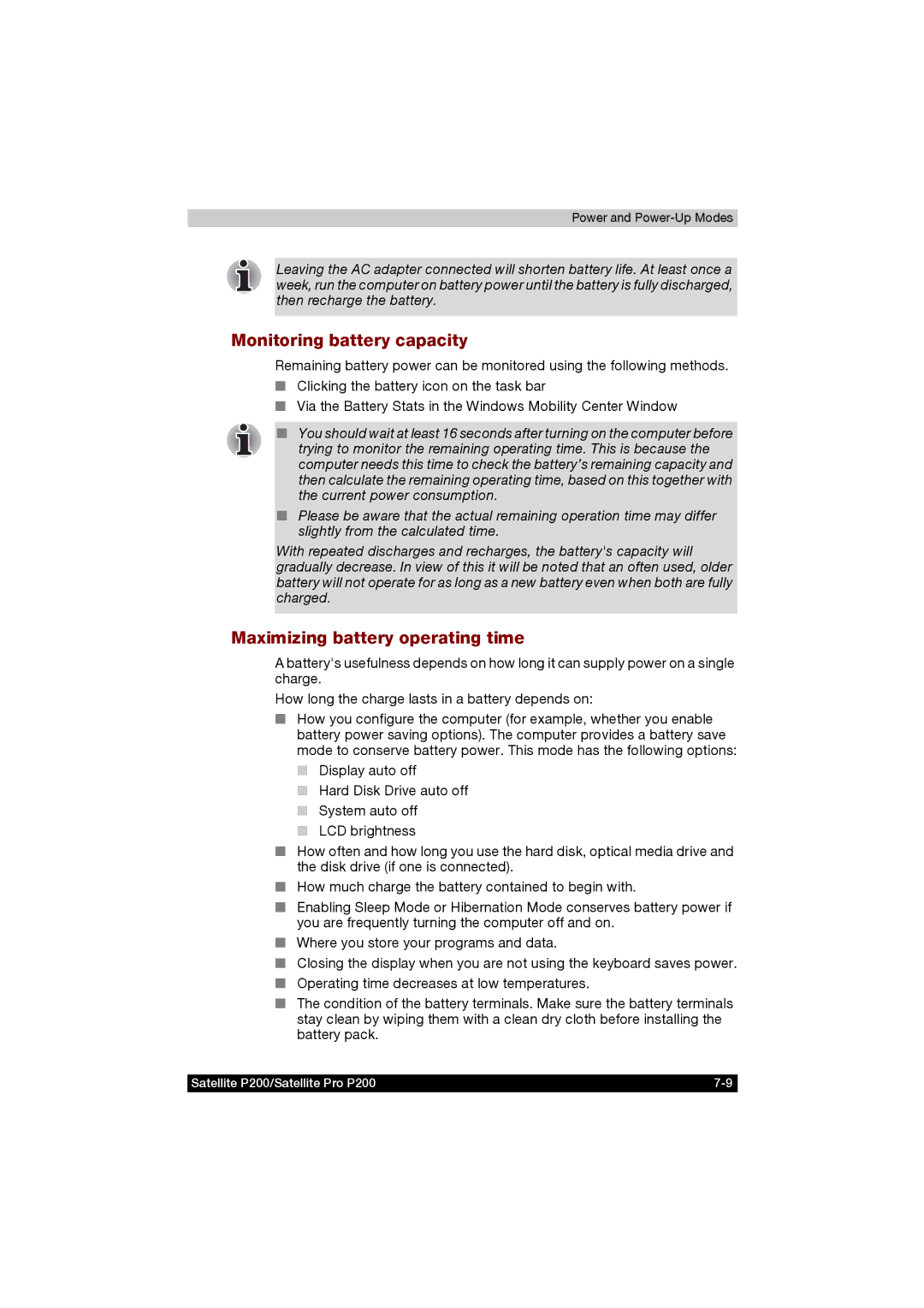 Toshiba P200 manual Monitoring battery capacity, Maximizing battery operating time 