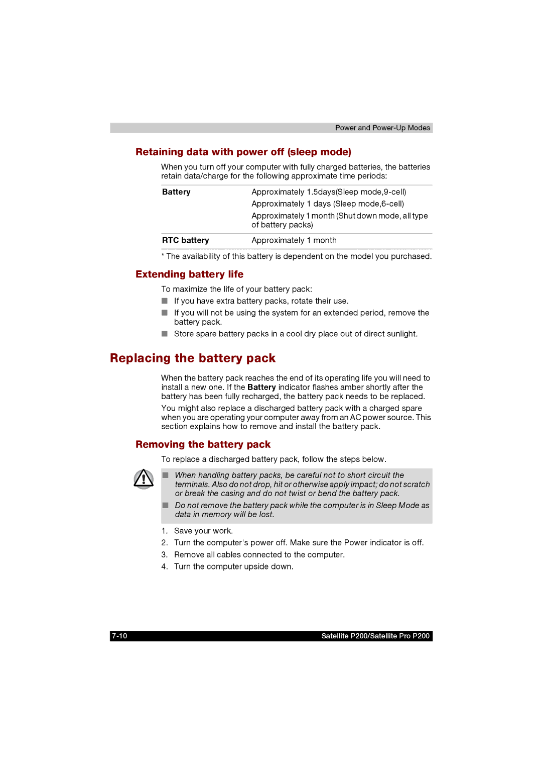 Toshiba P200 manual Replacing the battery pack, Retaining data with power off sleep mode, Extending battery life, Battery 