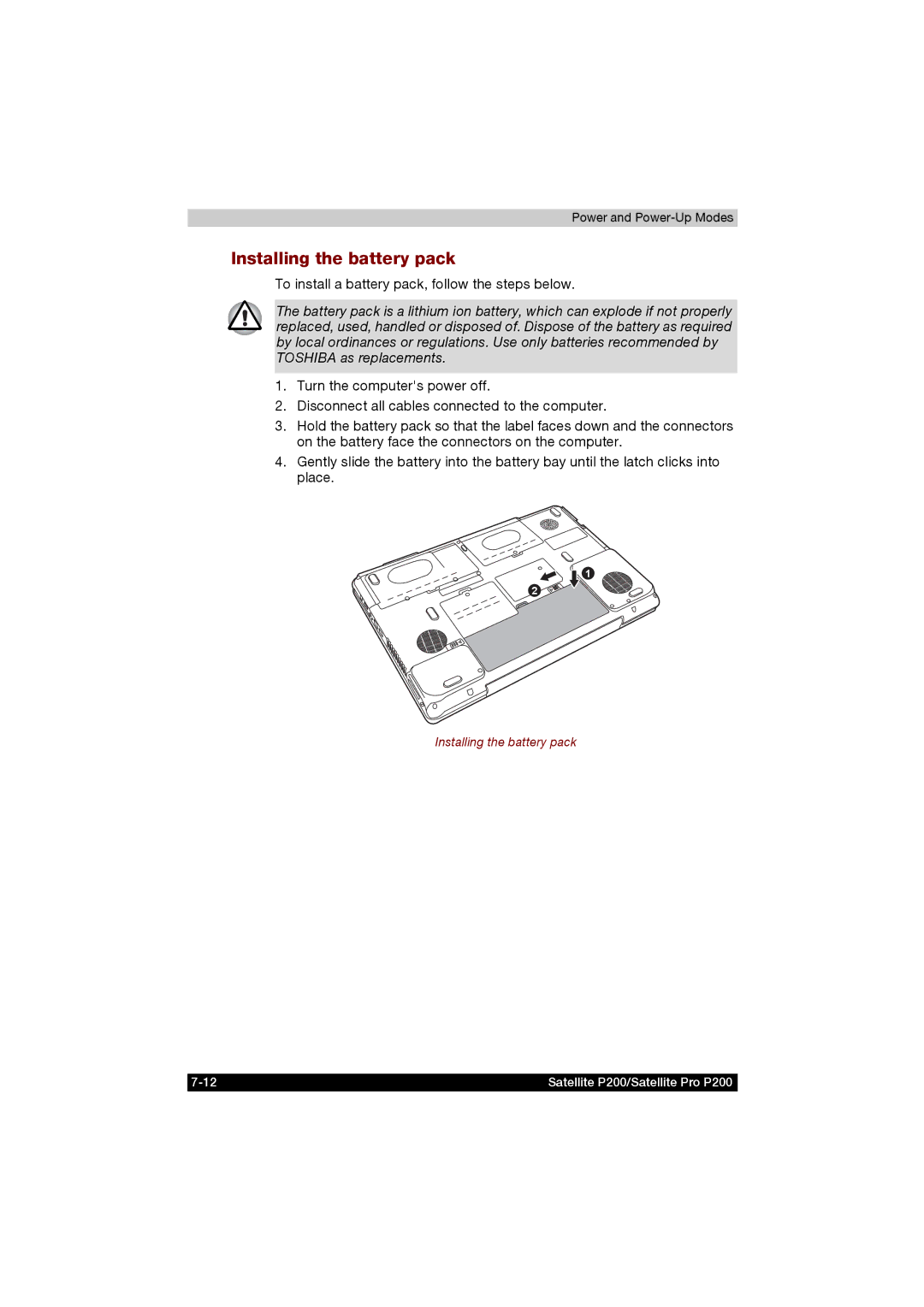 Toshiba P200 manual Installing the battery pack, To install a battery pack, follow the steps below 