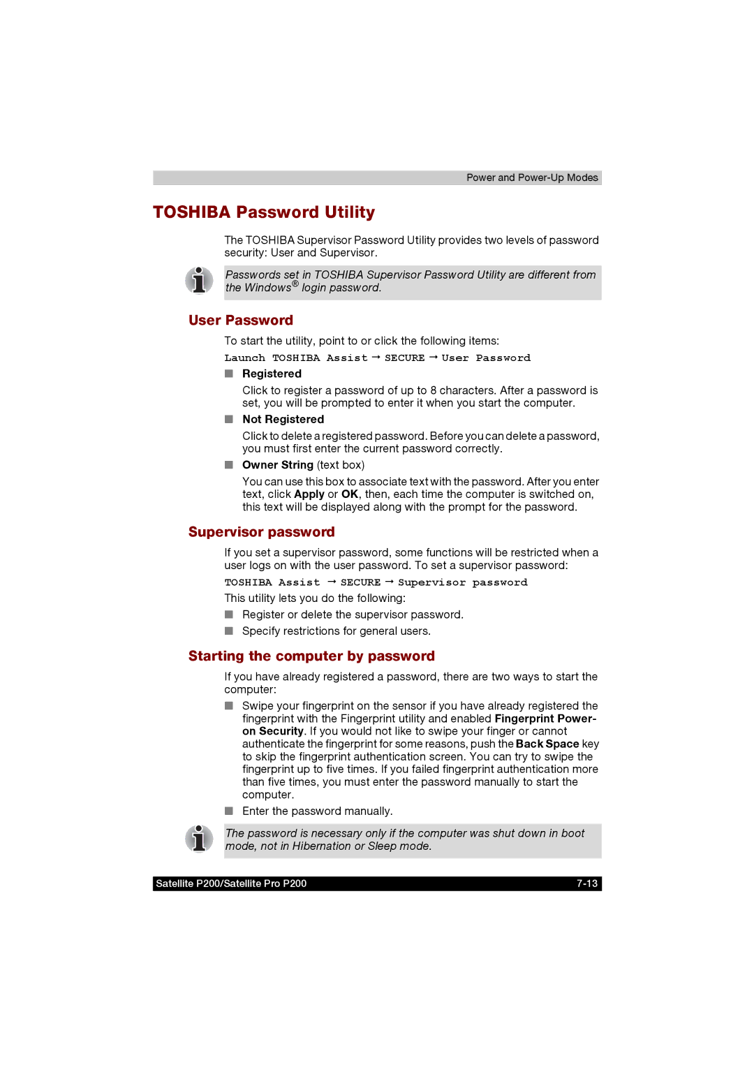 Toshiba P200 manual Toshiba Password Utility, User Password, Supervisor password, Starting the computer by password 