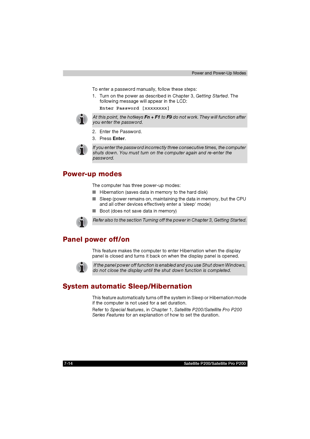 Toshiba P200 manual Power-up modes, Panel power off/on, System automatic Sleep/Hibernation, Enter the Password Press Enter 