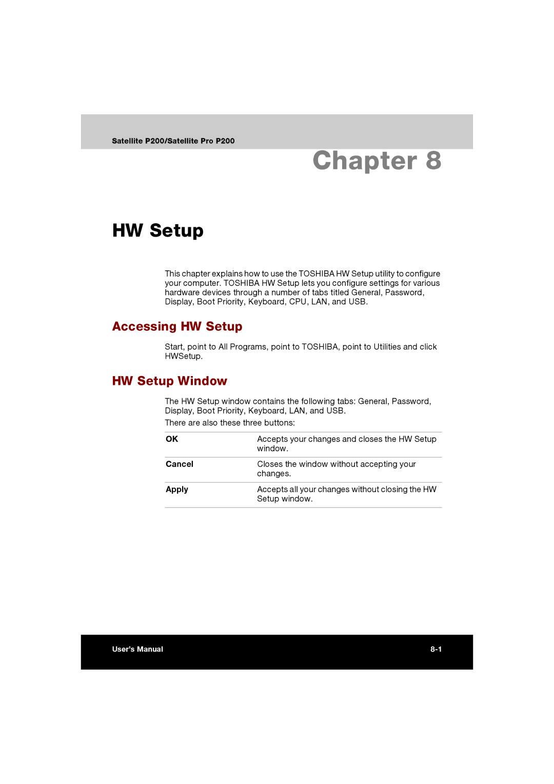 Toshiba P200 manual Accessing HW Setup, HW Setup Window, Cancel, Apply 