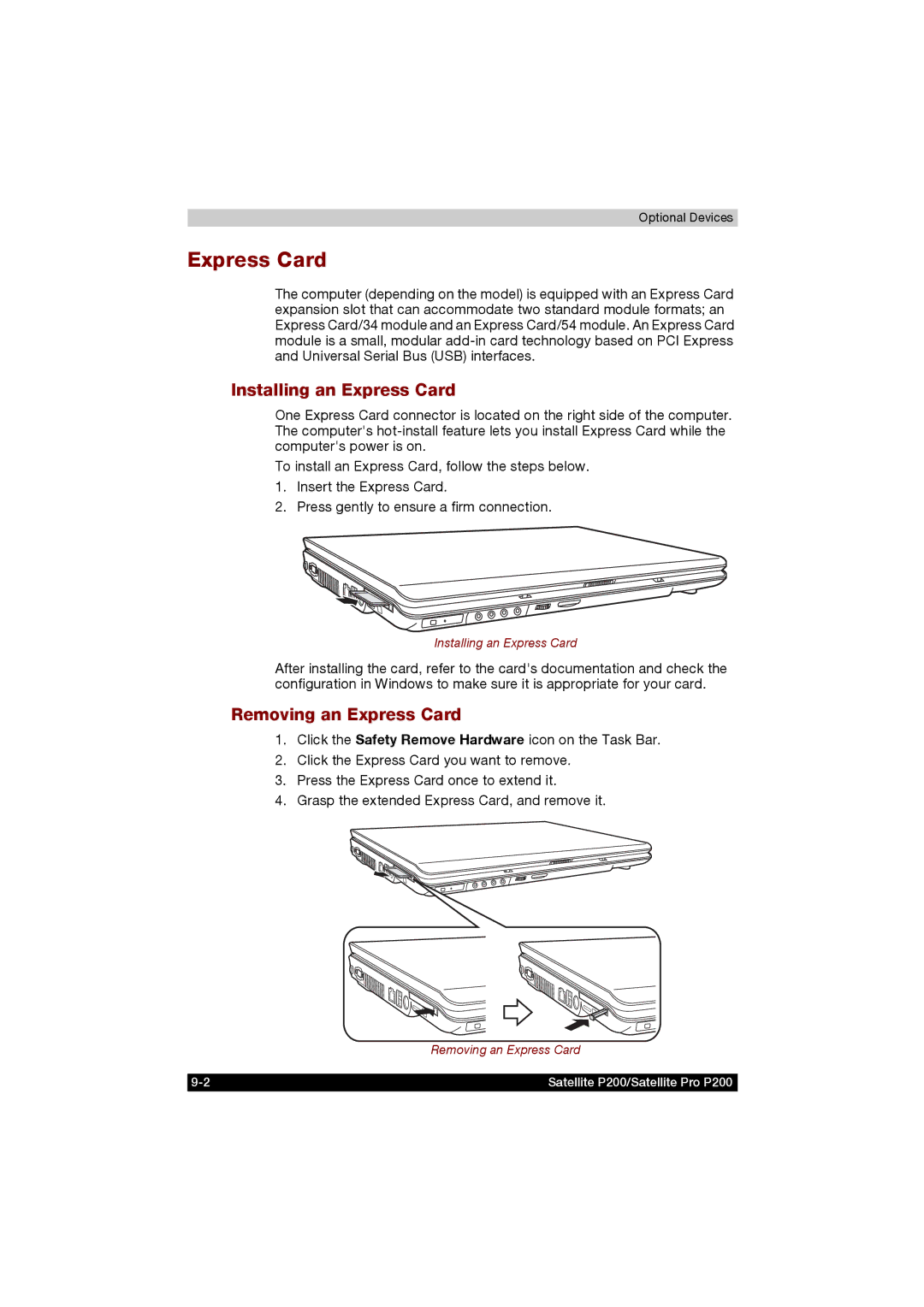 Toshiba P200 manual Installing an Express Card, Removing an Express Card 