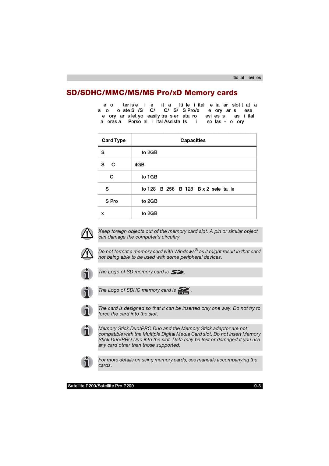 Toshiba P200 manual SD/SDHC/MMC/MS/MS Pro/xD Memory cards, Card Type Capacities 