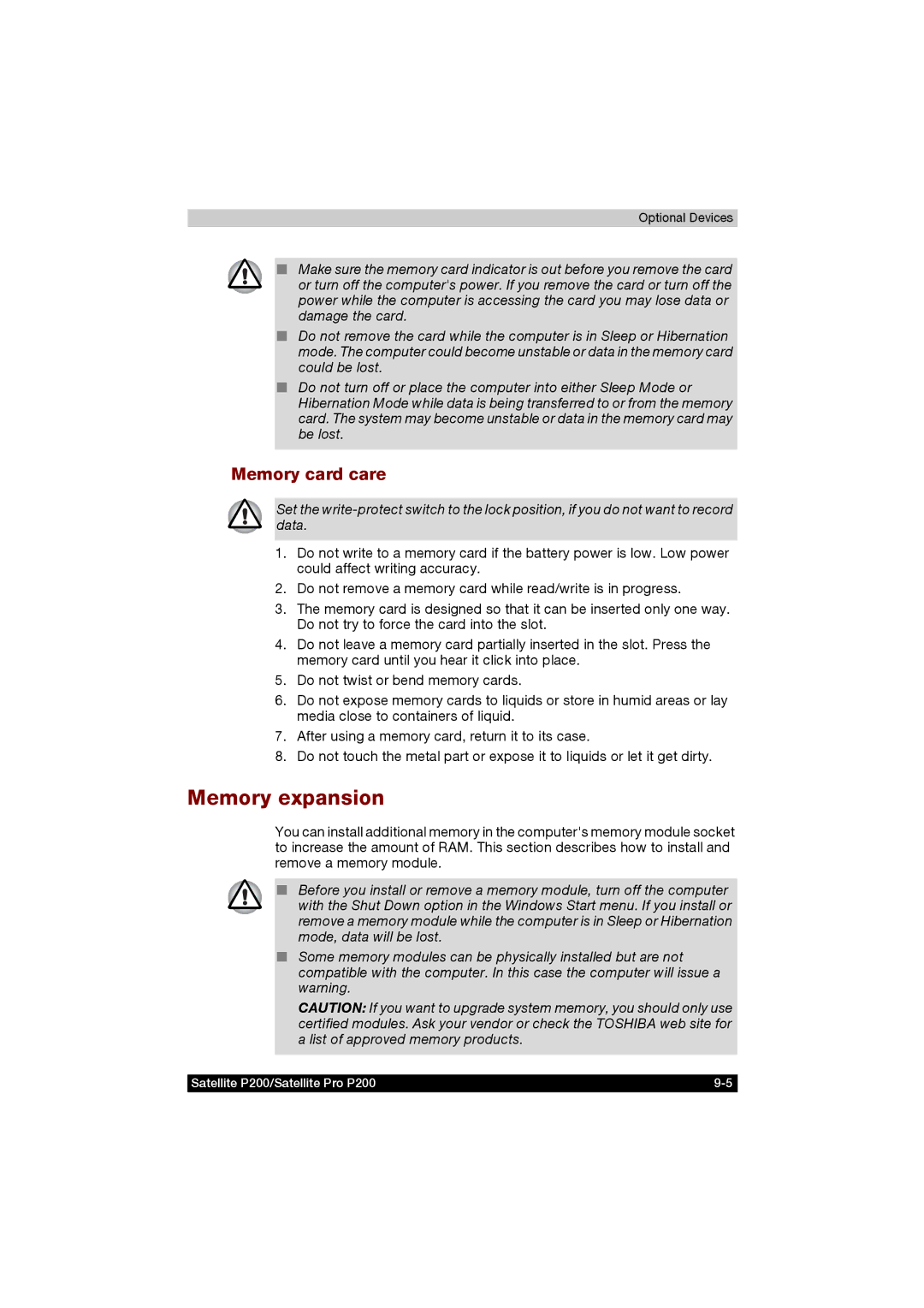 Toshiba P200 manual Memory expansion, Memory card care 