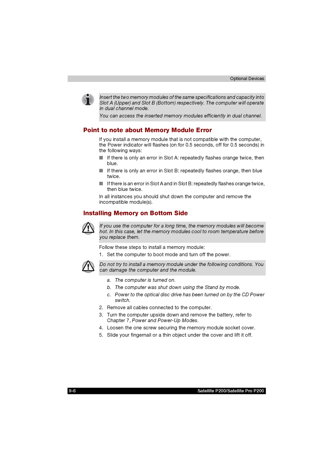 Toshiba P200 manual Point to note about Memory Module Error, Installing Memory on Bottom Side 