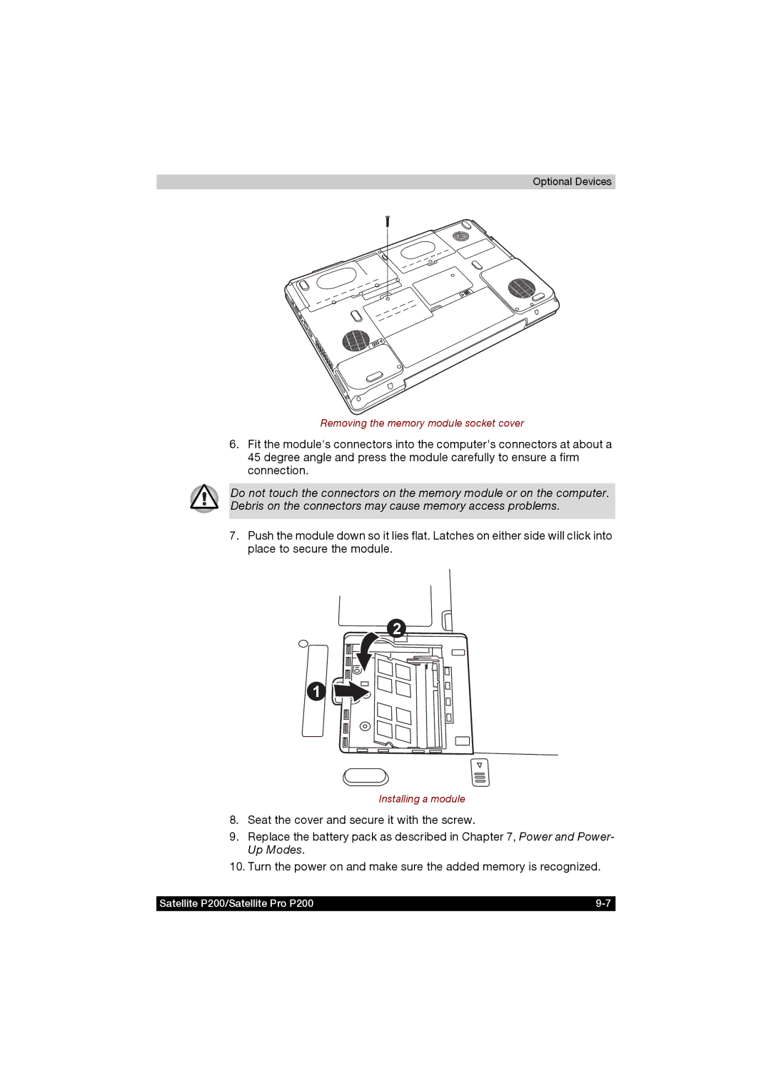 Toshiba P200 manual Removing the memory module socket cover 