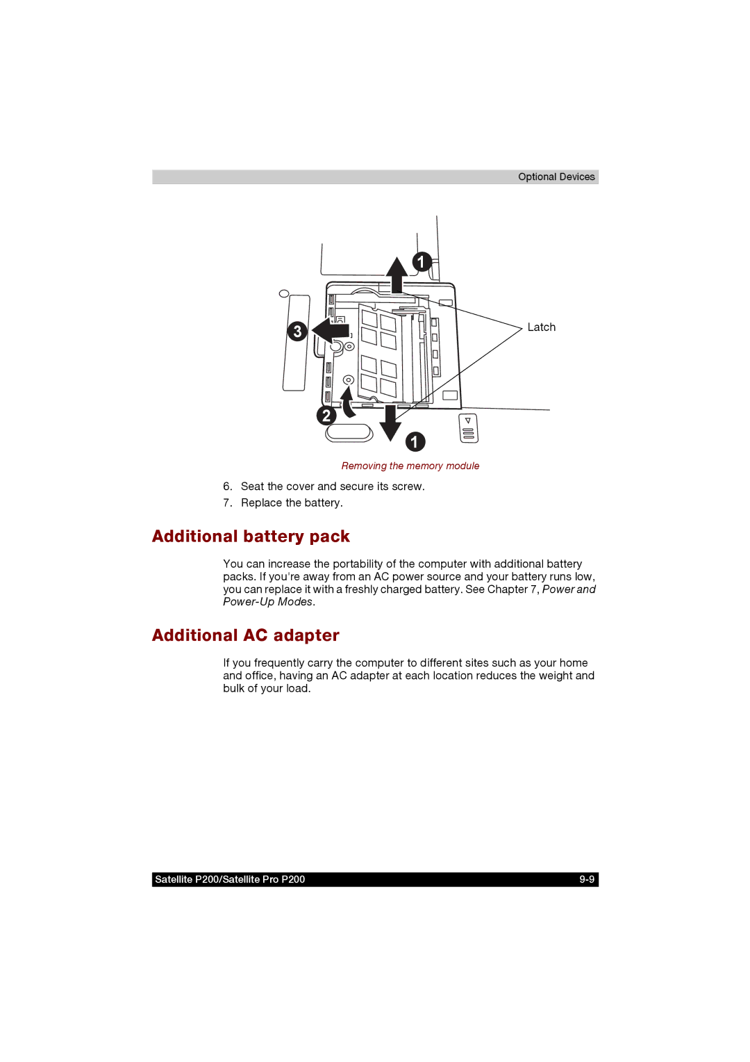 Toshiba P200 manual Latch, Replace the battery 