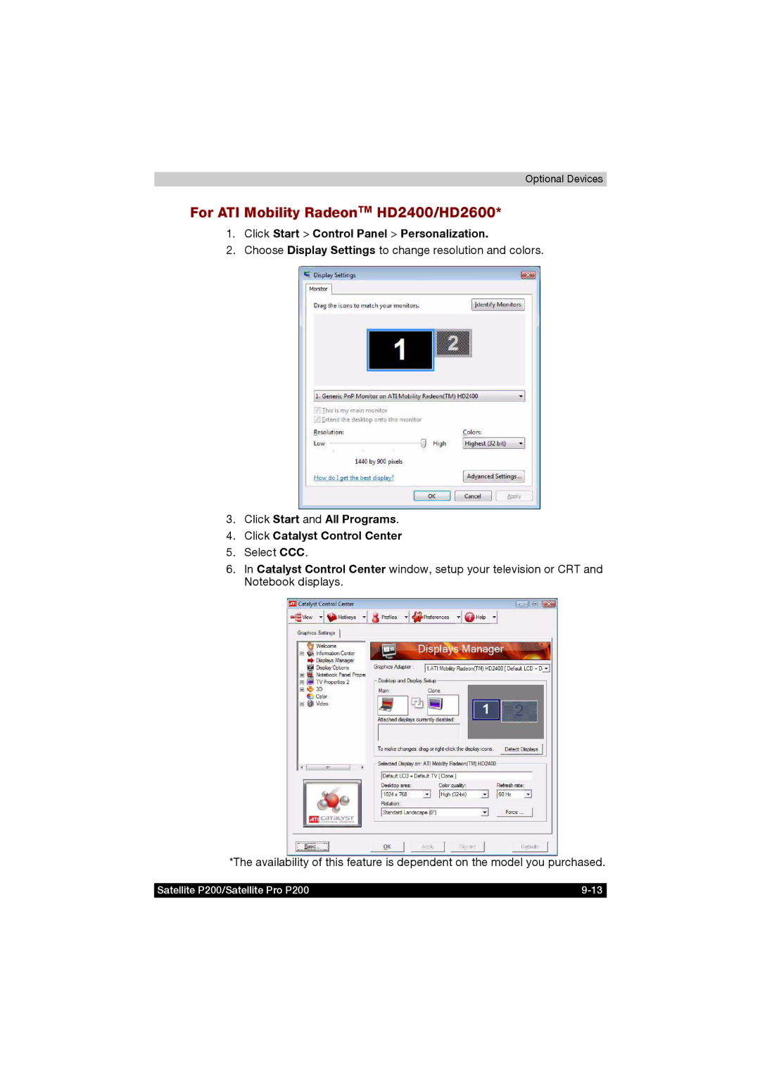 Toshiba P200 manual For ATI Mobility RadeonTM HD2400/HD2600, Click Start Control Panel Personalization 